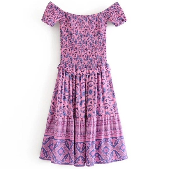 Off the Shoulder Boho Floral Print Dress Purple - Picture 6 of 9